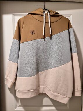 Colorblock Pullover Hoodie Tan Gray Cream Oversized Casual Sweatshirt.
